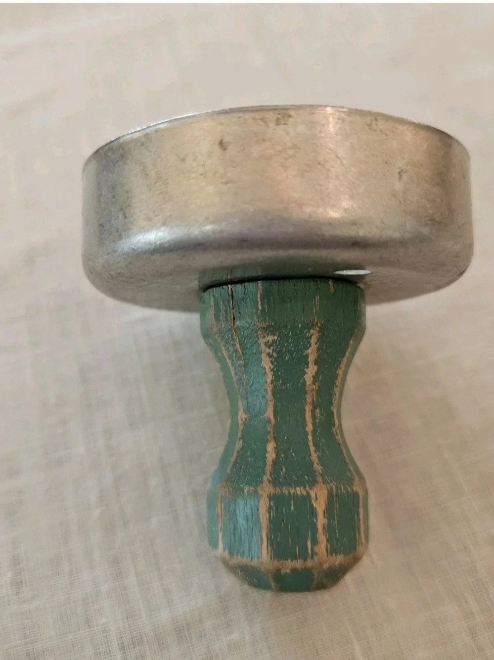 Vintage 40's Aluminum Biscuit Donut Cookie Cutter Green Wooden Handle Primitive